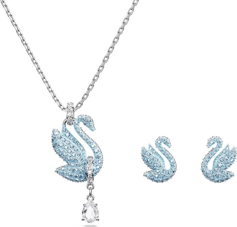 Swarovski - Zwaan Collectie - Oorbellen en Halsketting - IJsblauw - Gerhodineerd Metaal