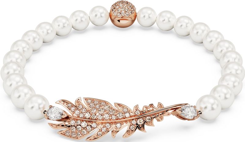 Swarovski Mooie armband met Crystal Pearls en een veer met kleurloze kristallen, roségoud verguld, maat L, S, Crystal Pearl, kristallen, magneet, roségoudkleurig, zirkonia, Kristallen