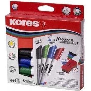 Kores - K-Marker XW2: kleurrijke whiteboard-marker met wigvormige punt, droog afwasbaar en vrijwel reukloze inkt, school- en kantoorbenodigdheden, set van 4 verschillende kleuren + 1 magnetische