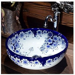 Badkamer Schip Wastafel Chinese Traditie Blauw en Wit Porselein Badkamer Vessel Sink Bowl Ronde Keramische Art Aanrecht Vanity Wastafel for Vanity Badkamer Wastafel in de badkamer