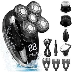 Elektrisch scheermes voor mannen, 5-in-1 oplaadbare kale kop elektrisch scheerapparaat 5 drijvende hoofden baard neus oor haar trimmer scheermes tondeuse gezichtsborstel