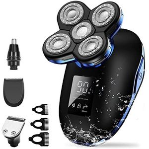Elektrisch scheermes voor mannen, 5in1 digitaal display nat droog elektrisch scheerapparaat mannen kaal scheermachine baard haar trimmer lichaam gezicht elektrisch scheermes oplaadbaar (kleur: blauw)