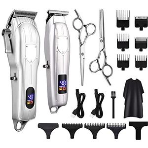 Tondeuse voor mannen, 2 stuks professionele elektrische haarsnijmachine kit verstelbare LCD-tondeuse oplaadbare scheerapparaat voor mannen kapper (kleur: zilver)