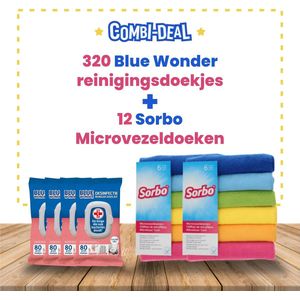 Blue Wonder 4 x 80 doekjes + 12 Sorbo Microvezeldoekjes - antibacteriële doekjes - desinfectie doekjes - hygiëne doekjes - natte reinigingsdoekjes
