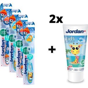 Jordan Step By Step 2  - 4x Tandenborstel (3-5 jaar) Kleur Blauw/Groen met 2x Jordan Tandpasta 0-5 jaar