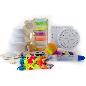 knutselbox uniek luxe knutsel pakket in box neon satijnkoord neon foam clay complete set ronde doosjes hout fotolijstje bloem in potje, bloem spiegeltje origineel knutsel set kumihimo armbandje knopen creatief kind knutselmateriaal