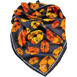 Josi Louis 100% Zijden sjaal - Don’t talk just kiss - Zwart Oranje Geel - vierkant 90×90 cm -  luxe zacht zijden sjaal