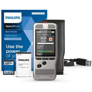 Philips PocketMemo-set voor auteur en assistentie DPM6700/03 bevat voicerecorder DPM6000, voetschakelaar ACC2330, stereo-onderkin-hoofdtelefoon LFH0334 en SpeechExec Basic dicteer- en afspeelsoftware