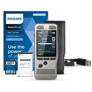 Philips PocketMemo DPM7000/02 spraakrecorder, schuifregelaar, stereo, behuizing van roestvrij staal, SpeechExec Basic dictate dicteersoftware (2 jaar abonnement inbegrepen)