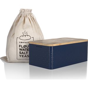 LARS NYSØM - 'Glæde' Broodtrommel met linnen broodzak - Bamboe deksel bruikbaar als snijplank - 34x18,5x13,5cm - Navy