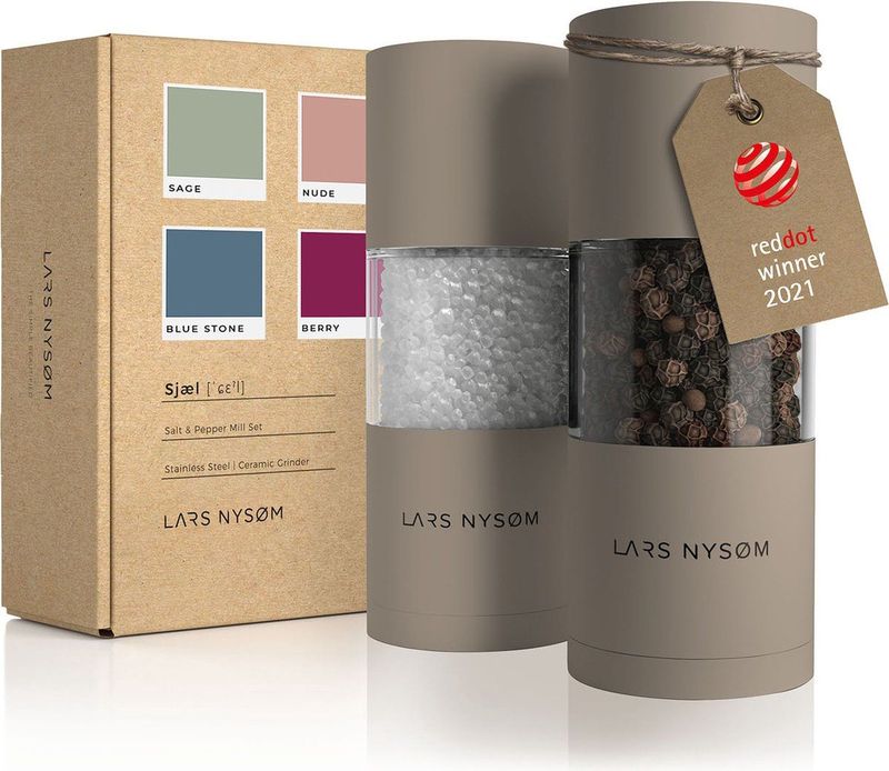 LARS NYSØM - 'Sjæl' Peper en zoutmolen set - Verstelbare maalgraad - Roestvrijstaal - Taupe Brown