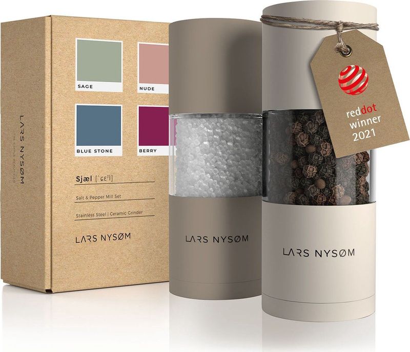 LARS NYSØM - 'Sjæl' Peper en zoutmolen set - Verstelbare maalgraad - Roestvrijstaal - Greige/Buttercream