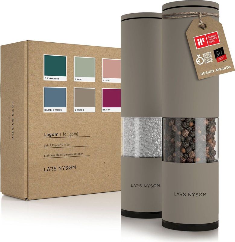 LARS NYSØM - 'Lagom' Peper en zoutmolen set - Verstelbare maalgraad - Roestvrijstaal - Greige