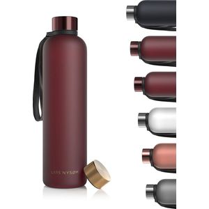 LARS NYSØM Blæst Ultralichte tritan-waterfles 1000ml - BPA-vrij, lekvrij, geschikt voor koolzuurhoudende dranken - Inclusief 2 deksels (Berry Red - Gold)