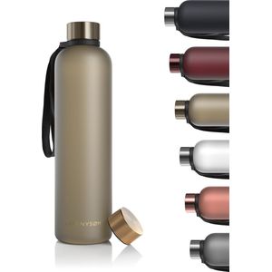 LARS NYSØM Drinkfles 1l | Waterfles 1000ml | Ultralichte Tritan Sportfles, geschikt voor koolzuur | Ideaal voor sport, kantoor, yoga | Inclusief 2 deksels (Brown - Gold, 1000ml)