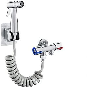 Bidet Spuitset voor WC Handbidet Spuit voor WC met veerslang Wandrem Set Bidet-sproeier voor WC Messing 3 m Slang Dual Control Hoekklep Badkamer, Chrome B (Kleur: Chroom A)