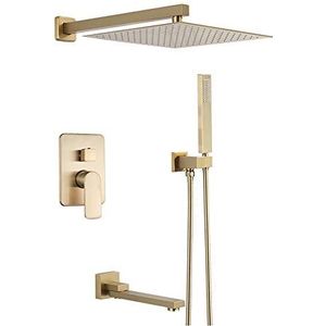 Geborsteld gouden doucheset, badkamer regendouchesysteem, ingebedde doos wandgemonteerde douchemengkraan douchekraan, 20,3 cm (kleur: 12 inch)