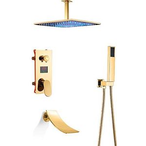 Gouden regendouchekraan, LED-licht doucheset, waterval plafond gemonteerde douchemengkraan digitale temperatuurweergave verborgen douche waterkraan, 16 inch (maat: 12 inch)