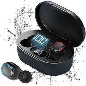 StrawExpert Draadloze bluetooth-hoofdtelefoon voor sport, IPX7, waterdicht, draadloos, met ruisonderdrukking, Bluetooth stereo, geïntegreerde oortelefoon, HD, iOS/Android, zwart