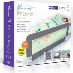 Dreambaby Phoenix Peuterbedrail - Opvouwbare en draagbare bedveiligheidsbarrière - Geschikt voor platte bedbodems tot kingsize matras - meet 110 cm breed x 45,5 cm lang - grijs - model F761.