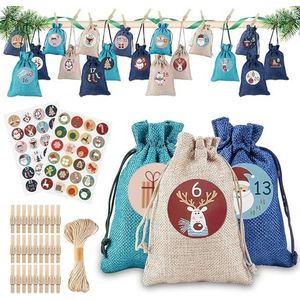 CareHabi - 24 adventskalenders om te vullen, stoffen zakjes voor Kerstmis (24 stoffen zakken, 48 adventcijferstickers, 24 houten klemmen, 10 m henneptouw)