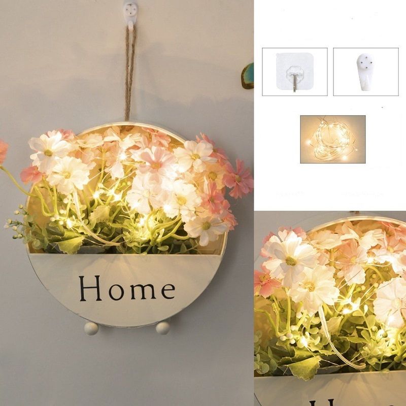 Meedeer Wand decoratie - Ronde stijlvolle muur plantenbak set met Hak, spijker, LED-verlichting en Kunst bloemen- DIY bloemstuk-Muur Bloempot set -hangende bloempot set - ronde ijzeren-Wit met & kunst chrysant