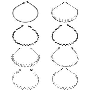 Set van 8 zwarte golvende metalen haarbanden - Uniseks - Voor mannen en vrouwen - Verschillende stijlen - Voor outdoorsporten en yoga