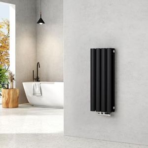 EMKE Kleine radiator, 600 x 240 mm, ovale paneelradiator met centrale aansluiting, verticale radiator, design, buisradiator, dubbellaags, zwart, 248 watt