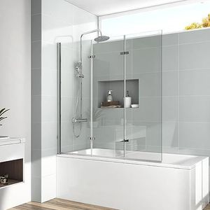 EMKE Douchewand voor badkuip, 130 x 140 cm, 3-delig, opvouwbaar, douchewand voor badkuip, douchewand, badkuip, 6 mm veiligheidsglas, opzetstuk voor badkuip