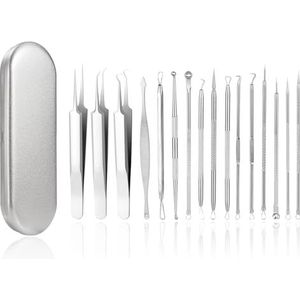 16 stuks mee-eterverwijderaar, comedonenknijper, pincetset met metalen doos voor gezichtsfouten, geschikt voor vrouwen en mannen, voor alle huidtypes