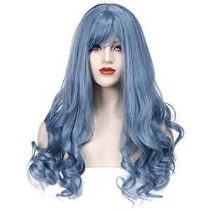 DieffematicJF Pruik Hair Qi Bangs Long Curly Hair Gray-blue Mixed Color In The Big Wave High Temperature Silk Rose Net Curly Hair Headgear
