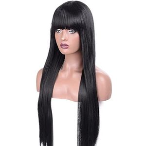 DieffematicJF Pruik Smooth Hair Natural Color Human Hair Wig With Bangs Long Straight Hair Women's Black High Gloss Wig Suitable For Cosplay Party Daily Use Natural Hair (Size : 16inch)