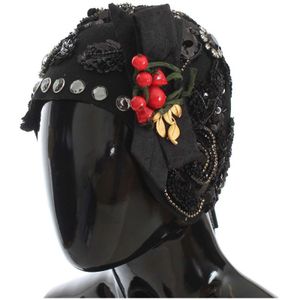 Dolce & Gabbana Vrouwen Zwart Kristal Gouden Kersen Broche Hoed