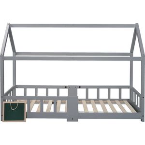 YJZQ Kinderbedhuis 90x200 cm- Huis Bedframes met grenenhouten dak en hek voor kinderen jongens meisjes- inclusief plank en lattenbodems- grijs (zonder matras)