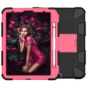 Tablethoes van siliconen voor iPad Pro 11 inch 2022/2021/2020/2018 (4/3/2/1Gen) tweekleurige, schokbestendige hoes met standaard en pensleuf, zwart + roze