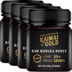 Kaimai Gold MGO 1200+ / UMF 25+ Manuka Honing * 1000G (4x 250G) Premium Monoflorale UMF® Gecertificeerde ManukaHoning uit Nieuw-Zeeland # T.h.t. 01-10-2029 # MGO 829 830 850 = UMF 20, 1000 = UMF 22, 1046 = UMF 23, 1122 = UMF 24, 1282 = UMF 26