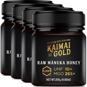 Kaimai Gold MGO 265+ / UMF 10+ Manuka Honing * 1000G (4x 250G) Premium Monoflorale UMF® Gecertificeerde ManukaHoning uit Nieuw-Zeeland # T.h.t. 01-10-2029 # MGO 182 = UMF 8, 250 = UMF 9, 300 = UMF 10, 310 = UMF 11, 356 400 = UMF 12
