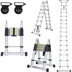 Telescopische Vouwladder - Telescopische Ladders - Soft Close - Werkhoogte 2,5+2,5 m - zilverachtig met stabilisator + wielen