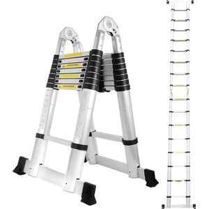 Telescopische Vouwladder - Telescopische Ladders - Soft Close - Werkhoogte 2,5+2,5 m - zilverachtig