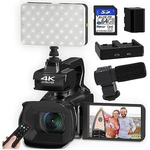 64MP 4K 60FPS Camcorder Live Stream Vlog Video Camera WIFI Webcam 4 Inch Draaien Touchscreen 18X Digitale Camera Recorder HD camera (Color : With 64G SD Card, Size : With Light MIC)