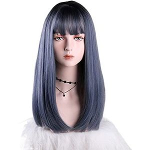 DieffematicJF Pruik Wig, Straight Hair, Female, Air Bangs, Long Inner Buttons, Invisible, Gray Blue, Short, Medium And Long Curl, Full Head Cover