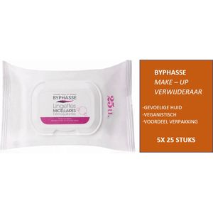 BYPHASSE - MICELLAR - SOLUTION - MAKE UP - VERWIJDERAAR - MET DEKSEL - GEVOELIGE HUID - VEGANISTISCH - VOORDEEL - 5X 25STUKS
