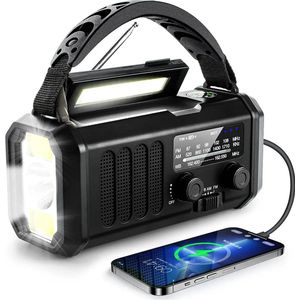 MODEL 2024 Noodradio Opwindbaar - 10000 mAh- Solar Powerbank Zonneenergie - Draagbare Radio - Noodpakket - Zaklamp Oplaadbaar -Noodrantsoen
