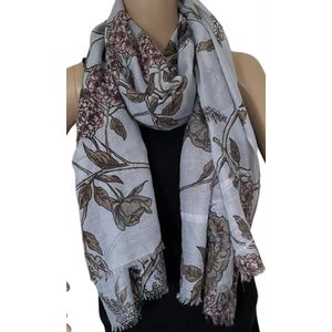 Dames lange sjaal met bloemenprint grijs/roze