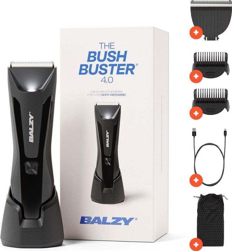 BALZY® The BushBuster® 4.0, SafeShave™ Intieme Zone Trimmer Voor Mannen, Waterbestendig, USB-C en Draadloos Voor Nat/Droog Gebruik, Scheerapparaat Voor Mannen, Body Groomer