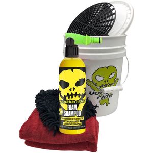 VooDooRide Autowas set bestaande uit; Emmer 19 ltr 5 gal met snappy grip, GritGuard Grit en Deksel, Droogdoek 50x80 cm 1400 gsm, washMitt met drie functies, VooDooRide Wash&Wax met gardena koppeling