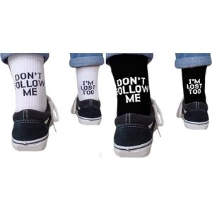 Set van 2 paar Grappige Sokken – Zwart & Wit – Don't Follow Me – Cadeau Idee