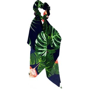 Haarsoires Haarelastiek Scrunchie – Jungle Print – 30cm Linten – Dunne Stof – Groen Blauw - Haarkrinkel - Haar Elastiek met Stof - Zacht & Haarvriendelijk