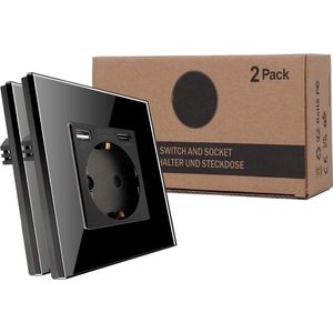 Set van 2 Glass Stopcontacten met USB en USB-C Poorten - Zwart, Snelle Oplading en Modern Ontwerp