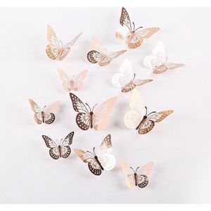Cake topper decoratie vlinders - muur decoratie met plakkers 12 stuks rosé VL-01